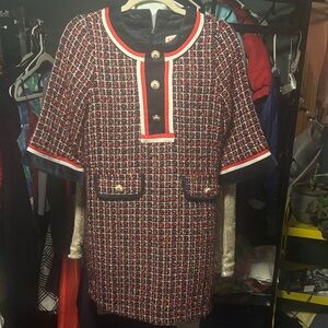 Elegant Red and Black Tweed Dress